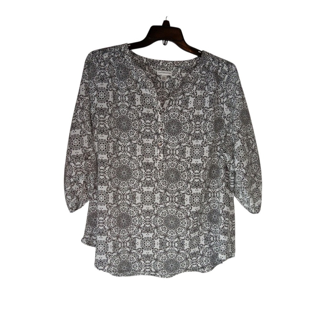 Croft & Barrow Women Blouse White Black Printed Polyester 3/4 Sleeve Casual 2XL